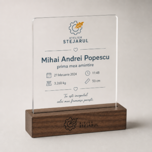 Placă acrilică personalizată cu date de naștere și bază din lemn în nuanță nuc