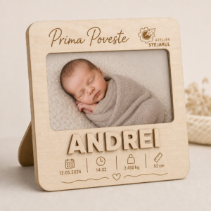 Ramă foto personalizată Atelier Stejarul cu nume reliefat și detalii despre nașterea copilului
