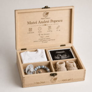 Cutie personalizată Atelier Stejarul pentru primele amintiri ale bebelușului, cu datele nașterii gravate pe capac