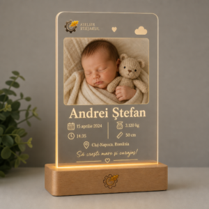 Lampă personalizată Atelier Stejarul cu fotografie și datele nașterii copilului