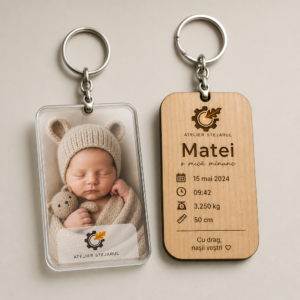 Breloc foto personalizat cu fotografia copilului și statistici de naștere