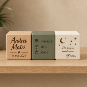Set de trei cuburi personalizate Atelier Stejarul din lemn, pentru raft, cu nume și date de naștere