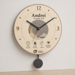 Ceas de perete personalizat cu nume și detaliile nașterii copilului