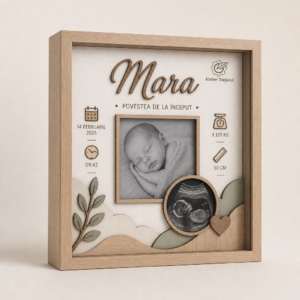 Tablou shadow box personalizat cu fotografie de bebeluș și date de naștere, în ramă din lemn
