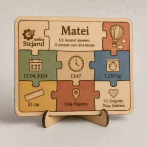 Puzzle comemorativ personalizat din lemn cu nume și datele nașterii