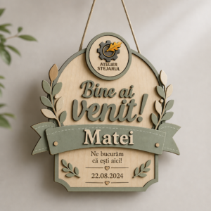 Anunț decorativ personalizat pentru ușa camerei, cu fundă roz, prenume și data nașterii