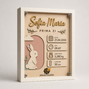 Tablou personalizat în ramă cu datele nașterii copilului, design stratificat Atelier Stejarul