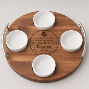 Platou rotund personalizat Atelier Stejarul cu patru boluri ceramice pentru sosuri și aperitive