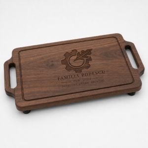 Platou charcuterie personalizat din lemn de nuc, cu mânere laterale integrate și gravură cu monogramă