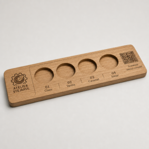 Paletă HoReCa din lemn pentru degustare, personalizată cu logo și numerotarea probelor