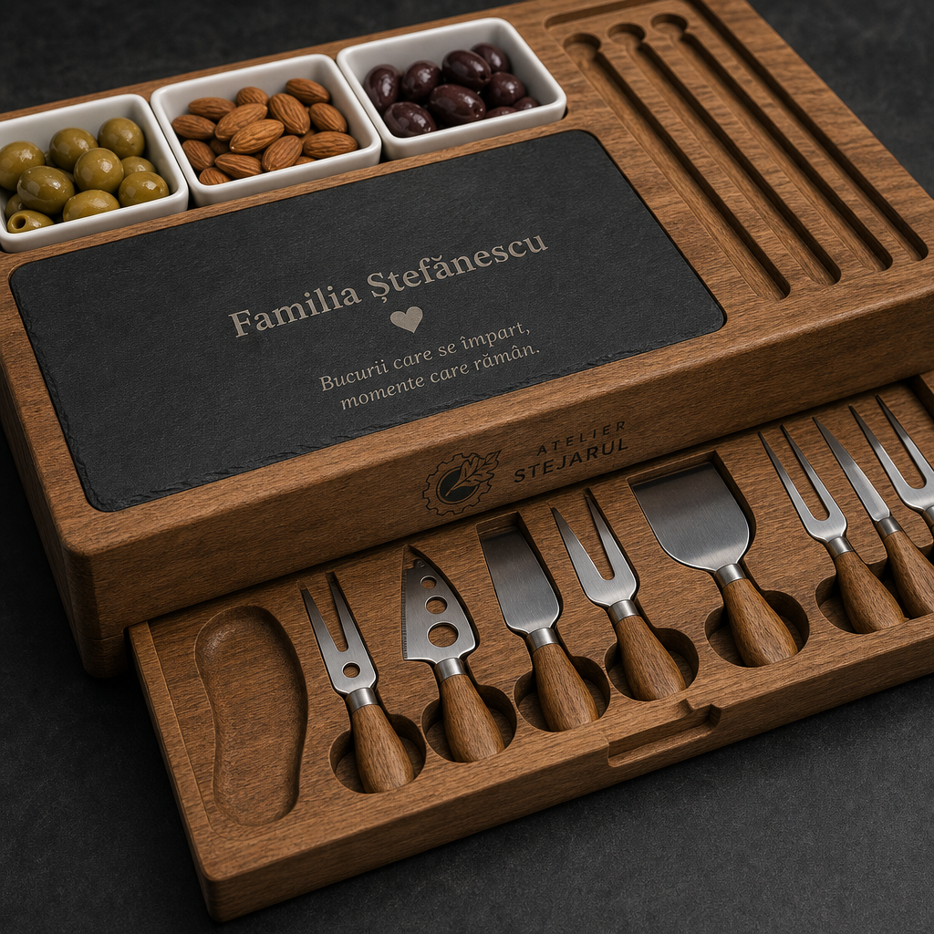 Detaliu cu inserția de ardezie, spațiile pentru boluri și accesoriile stației charcuterie