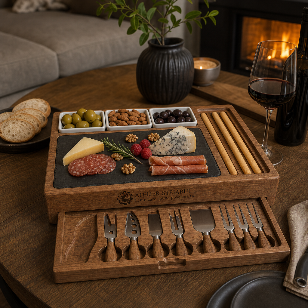 Stație charcuterie personalizată pregătită pentru servirea brânzeturilor și aperitivelor