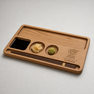 Platou individual pentru sushi personalizat din lemn, cu zone de servire și gravură decorativă