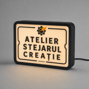 Casetă luminoasă personalizată Atelier Stejarul cu text pe trei rânduri și bordură decorativă