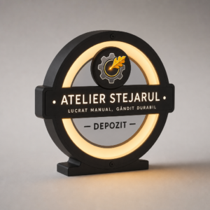 Casetă luminoasă personalizată Orbit, cu design circular și panou central albastru iluminat