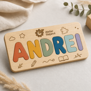 Puzzle educativ personalizat cu nume și litere colorate, design original Atelier Stejarul