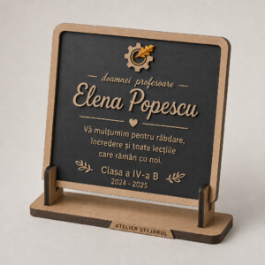 Mini-tablă personalizată pentru profesor, cu mesaj de mulțumire și ramă cu aspect de lemn