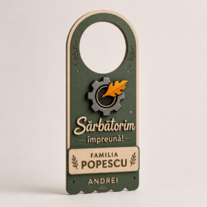 Ornament sezonier personalizat pentru ușă, cu mesaj festiv și nume