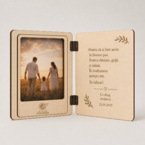 Ramă foto tip carte Atelier Stejarul, deschisă, cu fotografie montată și mesaj personalizat gravat