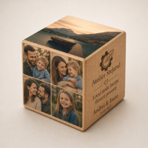Cub foto personalizat din lemn cu fotografii de familie și mesaj gravat