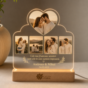 Lampă foto personalizată Atelier Stejarul cu fotografii gravate pe panou acrilic și soclu din lemn cu lumină caldă