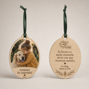Ornament foto personalizat din lemn cu fotografie pe față și panglică roșie