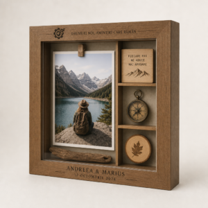 Casetă shadow box personalizată Atelier Stejarul cu fotografie și amintiri de călătorie