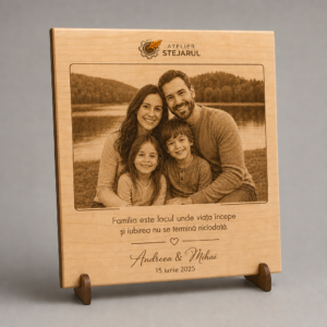 Tablou personalizat din lemn cu fotografie de familie gravată și dedicație
