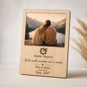 Magnet foto din lemn personalizat cu dedicație, nume și dată