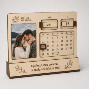 Calendar perpetuu personalizat Atelier Stejarul cu fotografie, dedicație și dată aniversară evidențiată