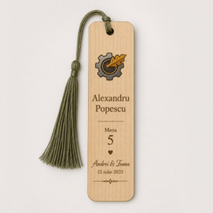 Semn de carte place-card personalizat din lemn pentru nuntă, gravat cu nume și număr de masă