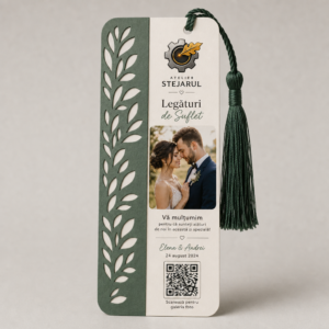 Mărturie foto personalizată de nuntă cu cod QR, nume și dată