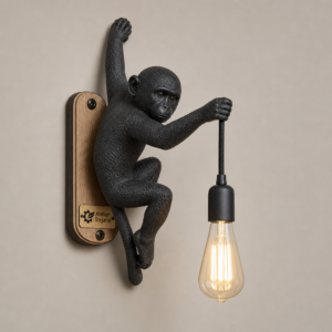 Aplică de perete Maimuța cu Felinar, cu sculptură neagră și bec LED decorativ suspendat