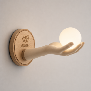 Lampă decorativă Atelier Stejarul cu mână sculpturală care susține un glob LED opal