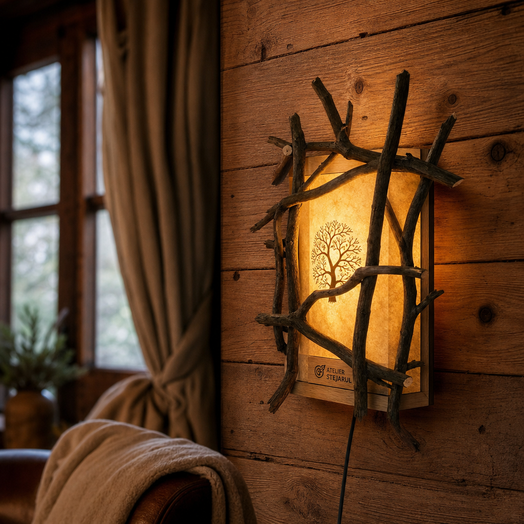 Lampă decorativă rustică Atelier Stejarul amplasată într-un interior cu lemn natural