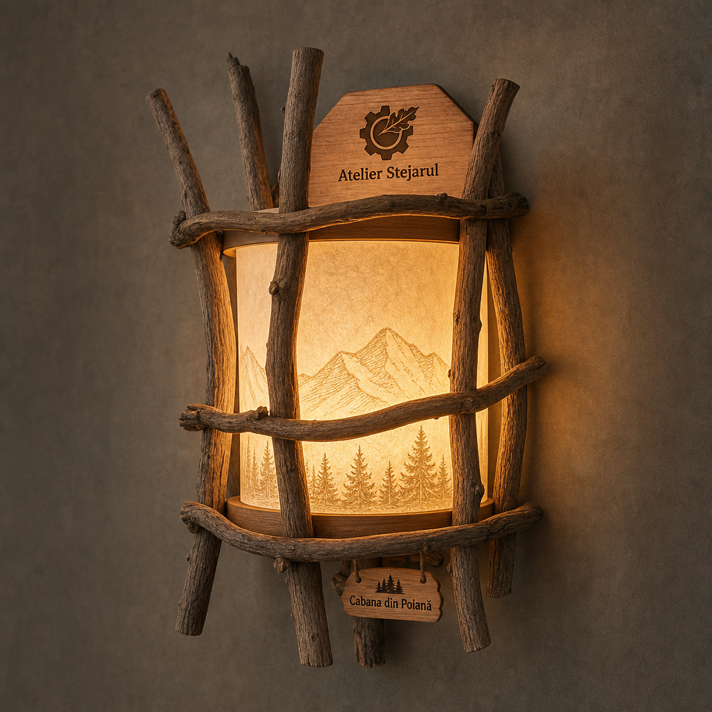 Lampă decorativă rustică „Cuib de Lumină” din ramuri naturale, cu difuzor luminos cald