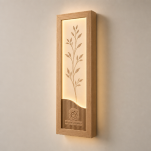 Ramă luminoasă Japandi Atelier Stejarul cu ramă în nuanță de stejar și motiv botanic pe acrilic mat
