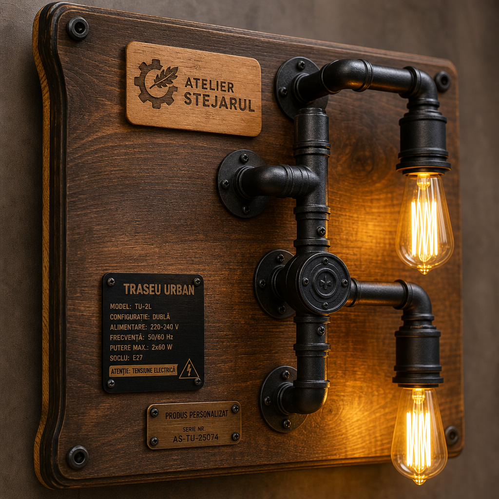 Detaliu cu traseu de conducte decorative și etichete industriale pe panou luminos personalizat