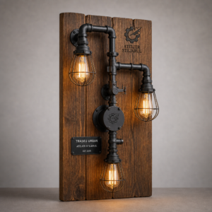 Lampă industrială personalizată pe panou cu aspect de lemn și traseu decorativ de conducte negre