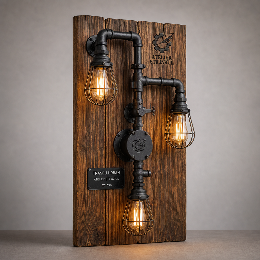 Lampă industrială personalizată pe panou cu aspect de lemn și traseu decorativ de conducte negre