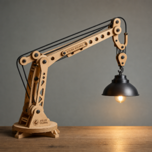 Lampă macara articulată personalizată din placaj, cu braț industrial