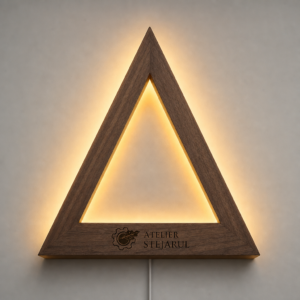 Lampă decorativă triunghiulară Delta Halo din lemn în finisaj nuc, cu număr de casă personalizat și lumină ambientală