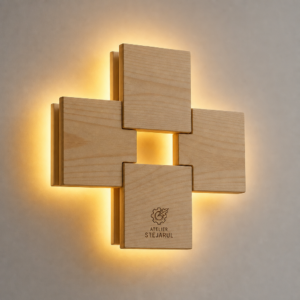 Lampă de perete Crucea din Patru Blocuri din lemn, cu lumină ambientală caldă