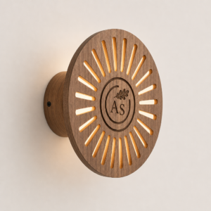 Aplică de perete Eclipsă Radială din lemn cu model concentric și glob LED