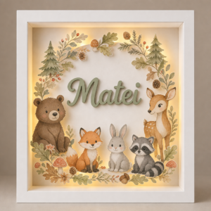 Tablou luminos personalizat pentru copii cu animale de pădure și nume, iluminat LED cald