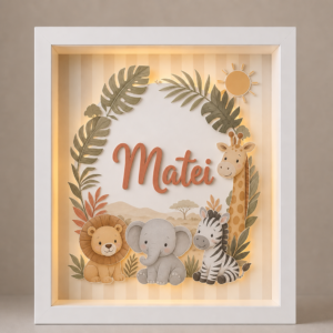 Tablou luminos personalizat pentru copii cu animale safari și nume gravat, iluminat LED cald