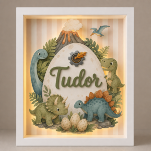 Tablou luminos personalizat pentru copii cu dinozauri preistorici și nume