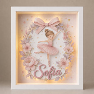 Tablou luminos personalizat pentru copii cu balerină, nume și iluminare LED caldă