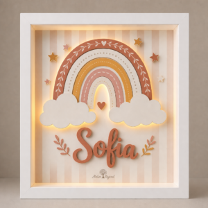 Tablou luminos personalizat pentru copii Curcubeu Boho, cu nume și iluminare LED caldă