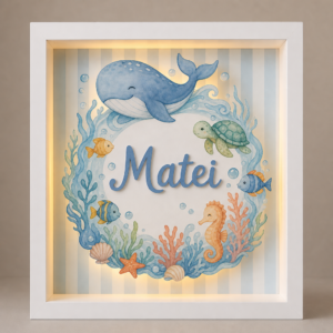 Tablou luminos personalizat pentru copii cu animale oceanice și nume, iluminat cu LED cald